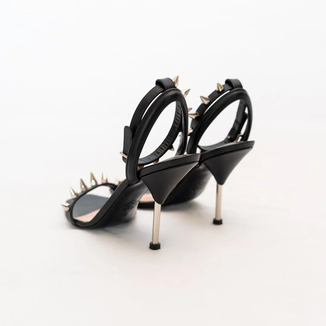 Alexander McQueen Black Strappy Sandals with Silver Spikes, 37