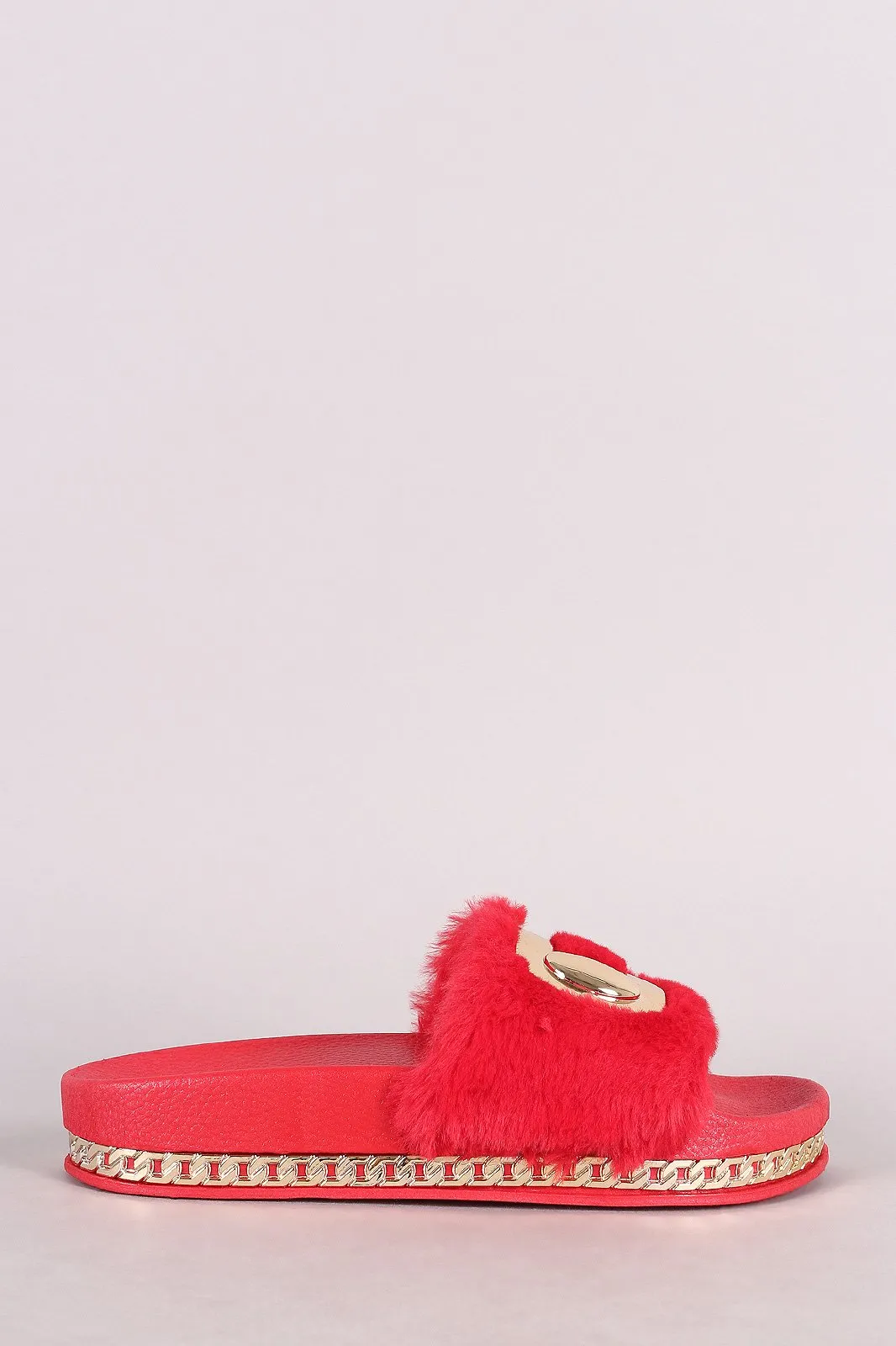 Bamboo Hardware Embellished Fur Chain Slide Sandal