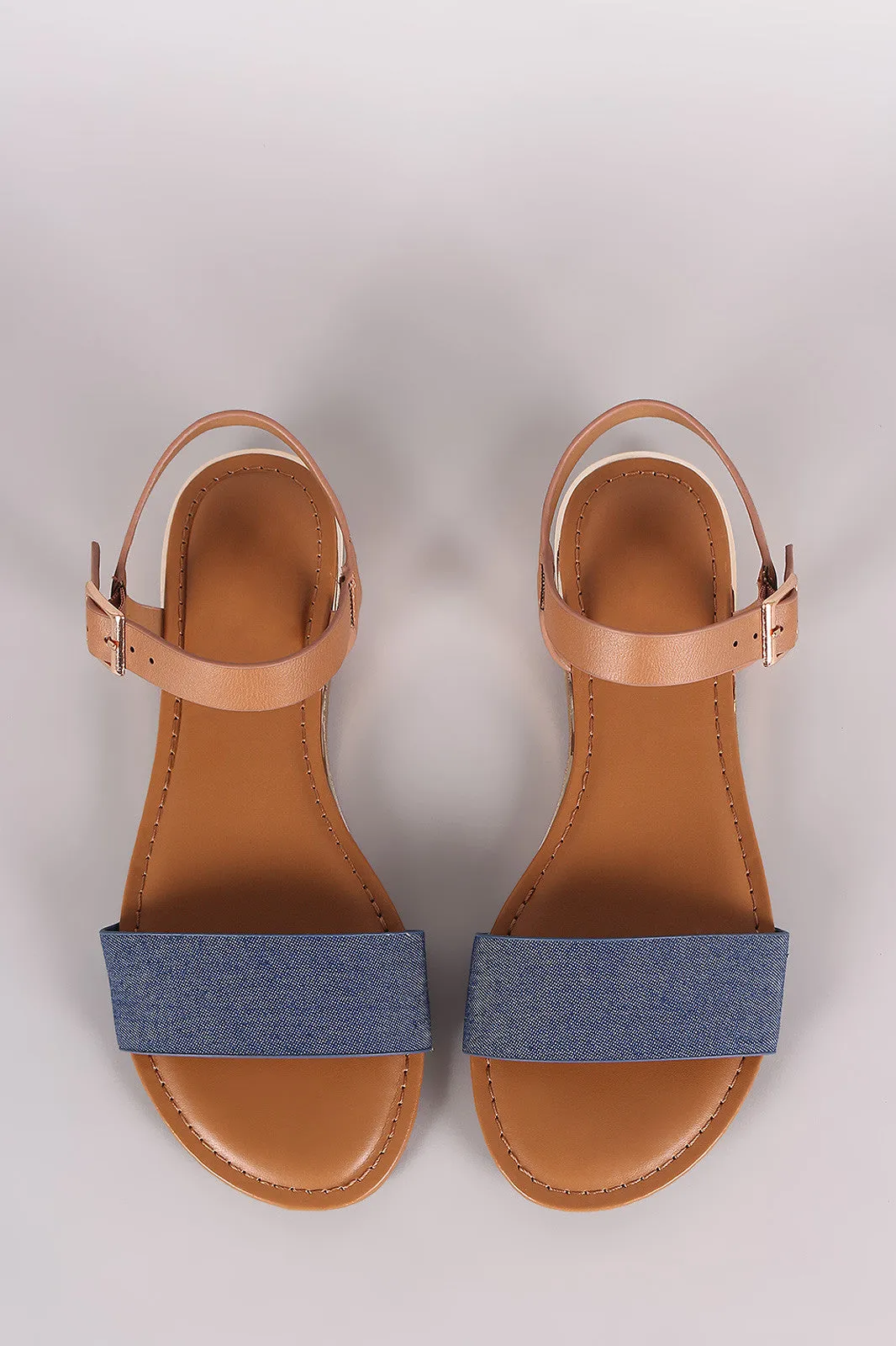 Bamboo Open Toe Ankle Strap Denim Flat Sandal