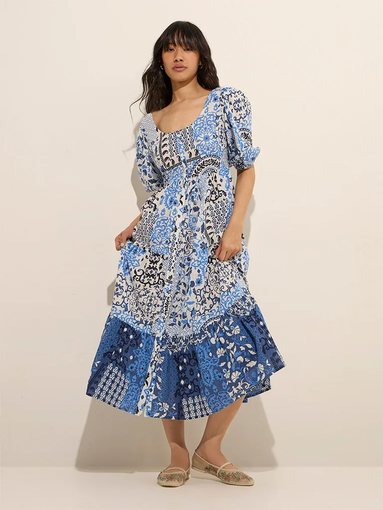 Bombay Paisley Blue Ethnic Printed Fit-and-Flare Dress