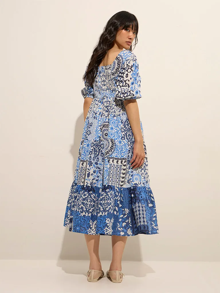 Bombay Paisley Blue Ethnic Printed Fit-and-Flare Dress