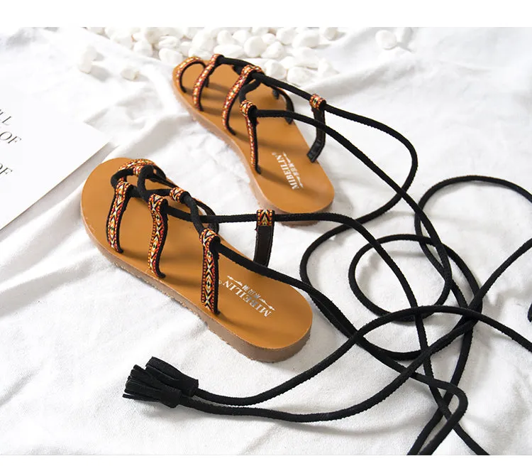 BOOPDO DESIGN BOHEMIAN WIDE FIT TIE LEG FLAT SANDALS