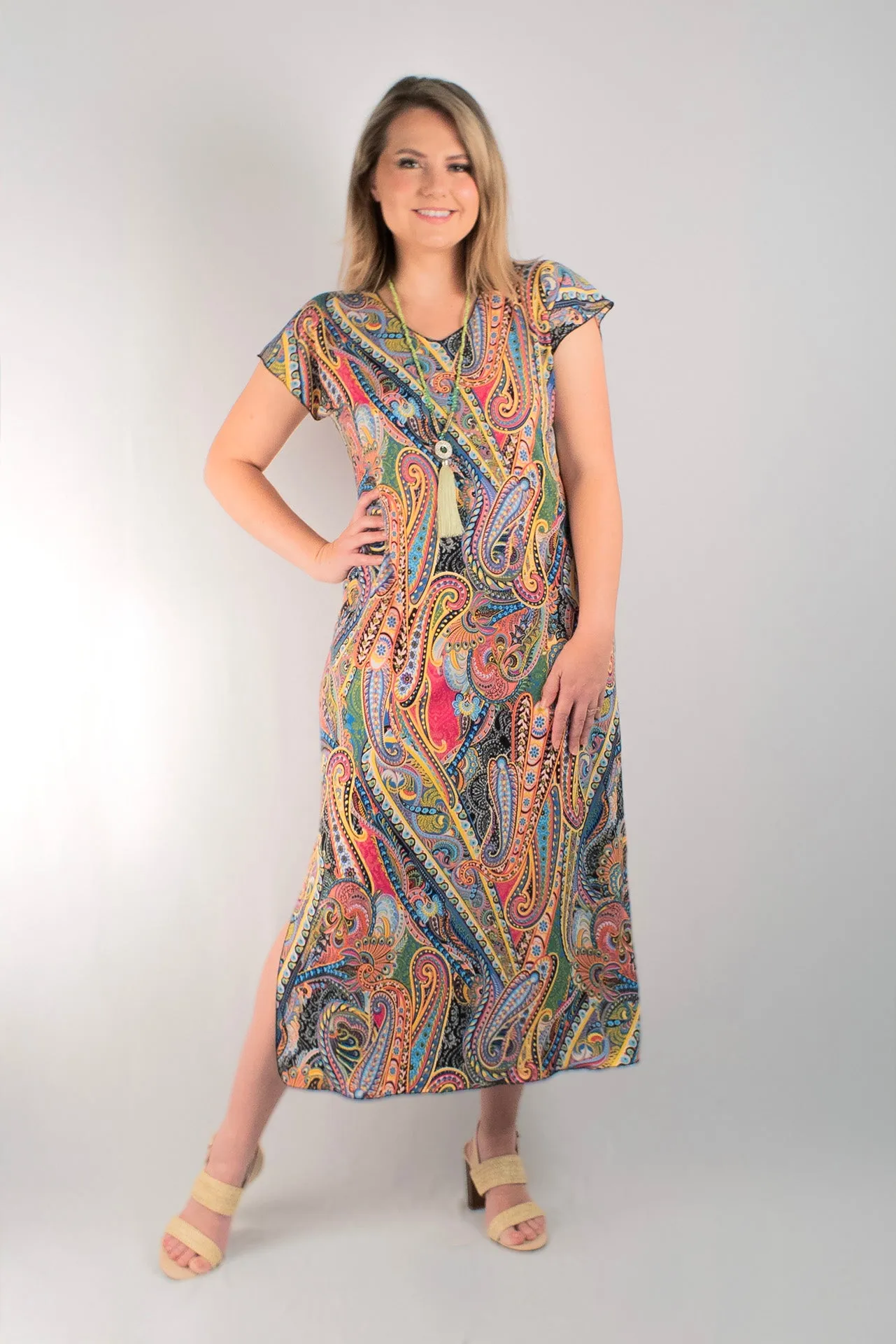 Carnival Print Short Sleeve Jersey Maxi Dress