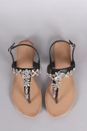 Cluster Jeweled T-Strap Slingback Thong Flat Sandal