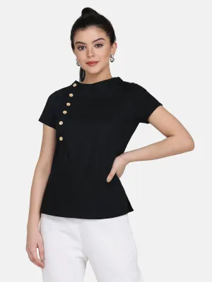 Cotton Top with Wood Button Detail  - Black