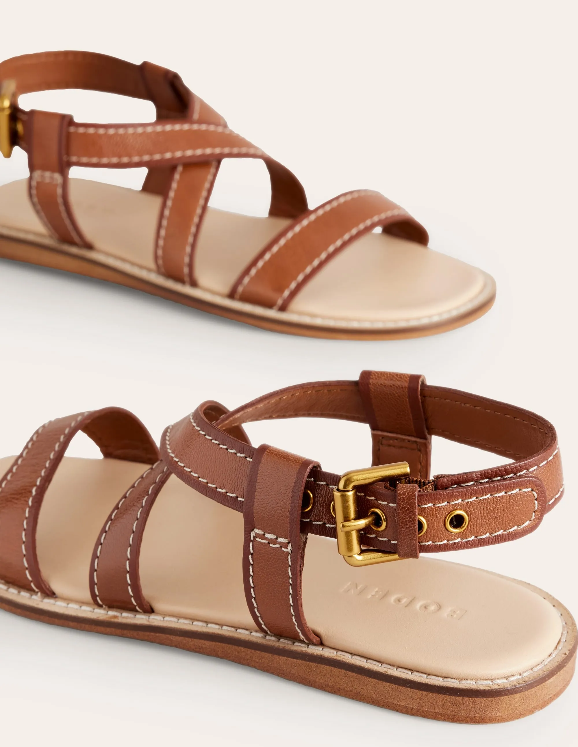 Cross Strap Flat Sandals-Tan Lux Leather