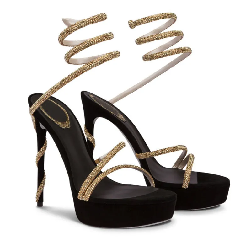 Crystal-Studded Serpentine Straps Stiletto Sandals