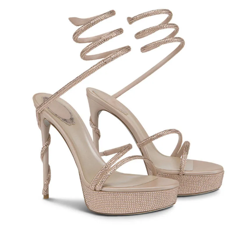 Crystal-Studded Serpentine Straps Stiletto Sandals