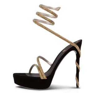 Crystal-Studded Serpentine Straps Stiletto Sandals