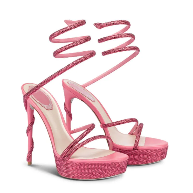 Crystal-Studded Serpentine Straps Stiletto Sandals