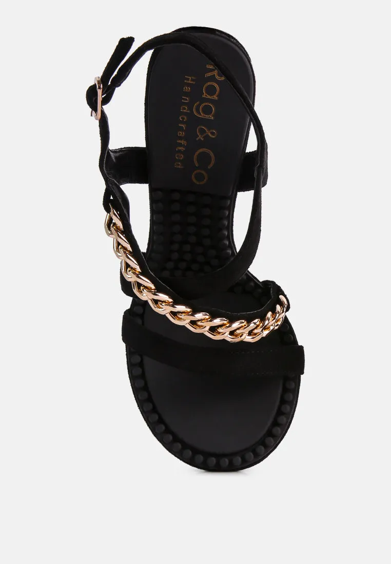 DOMEDA Black Metal Chain Embellished Sandals