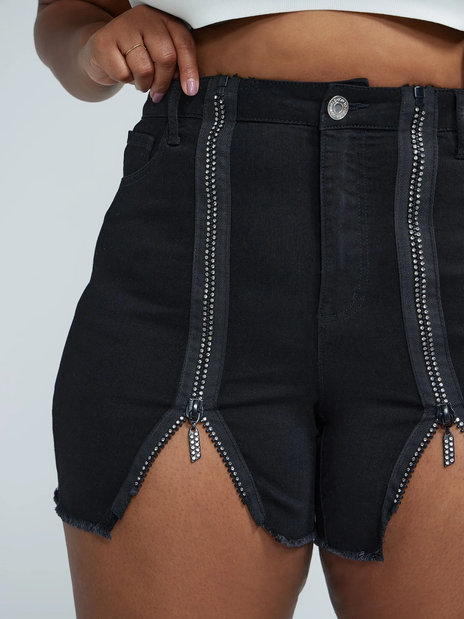 Fashion To Figure - Rhinestone Zip Denim Shorts