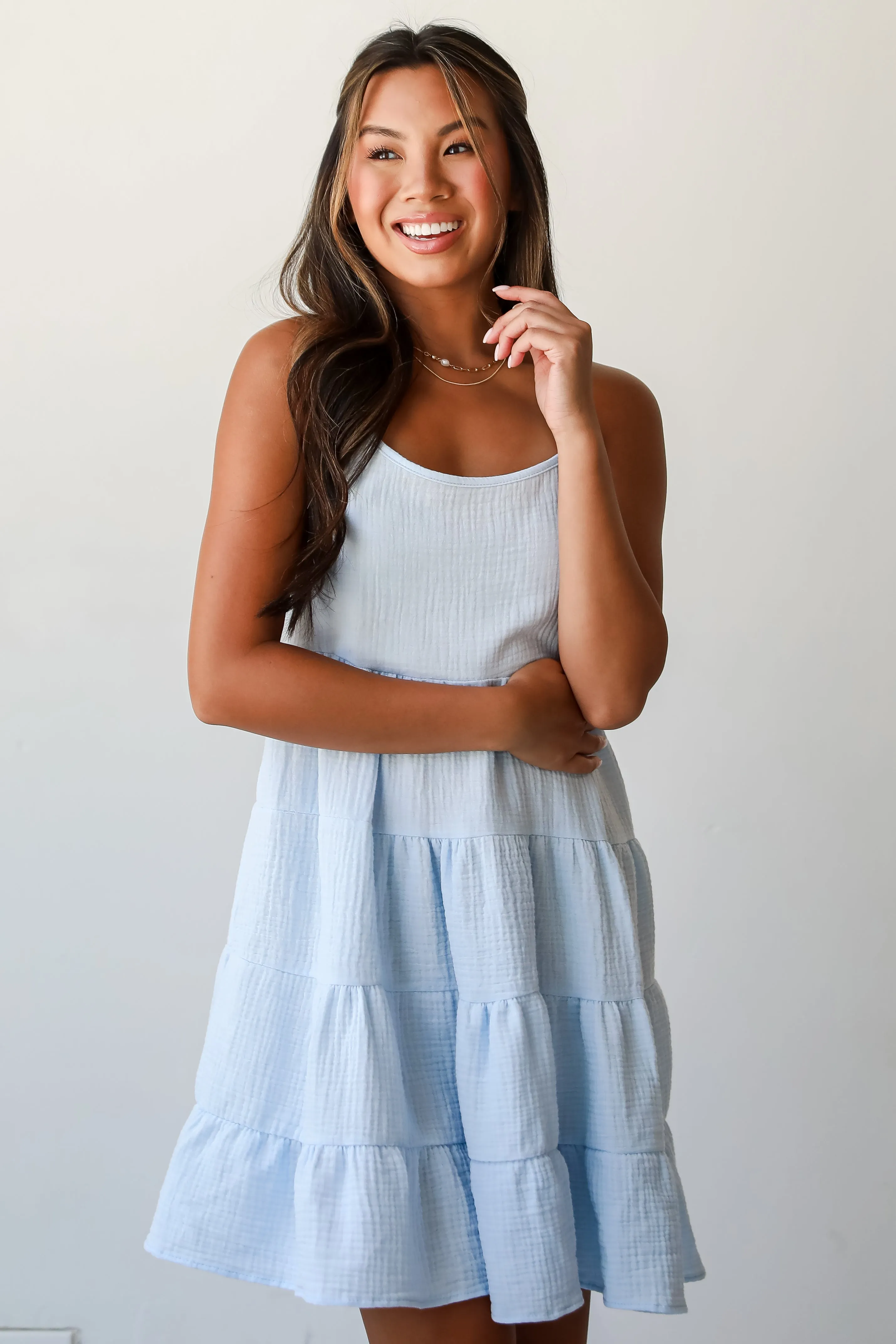 FINAL SALE - Sweetest Impact Light Blue Linen Tiered Mini Dress