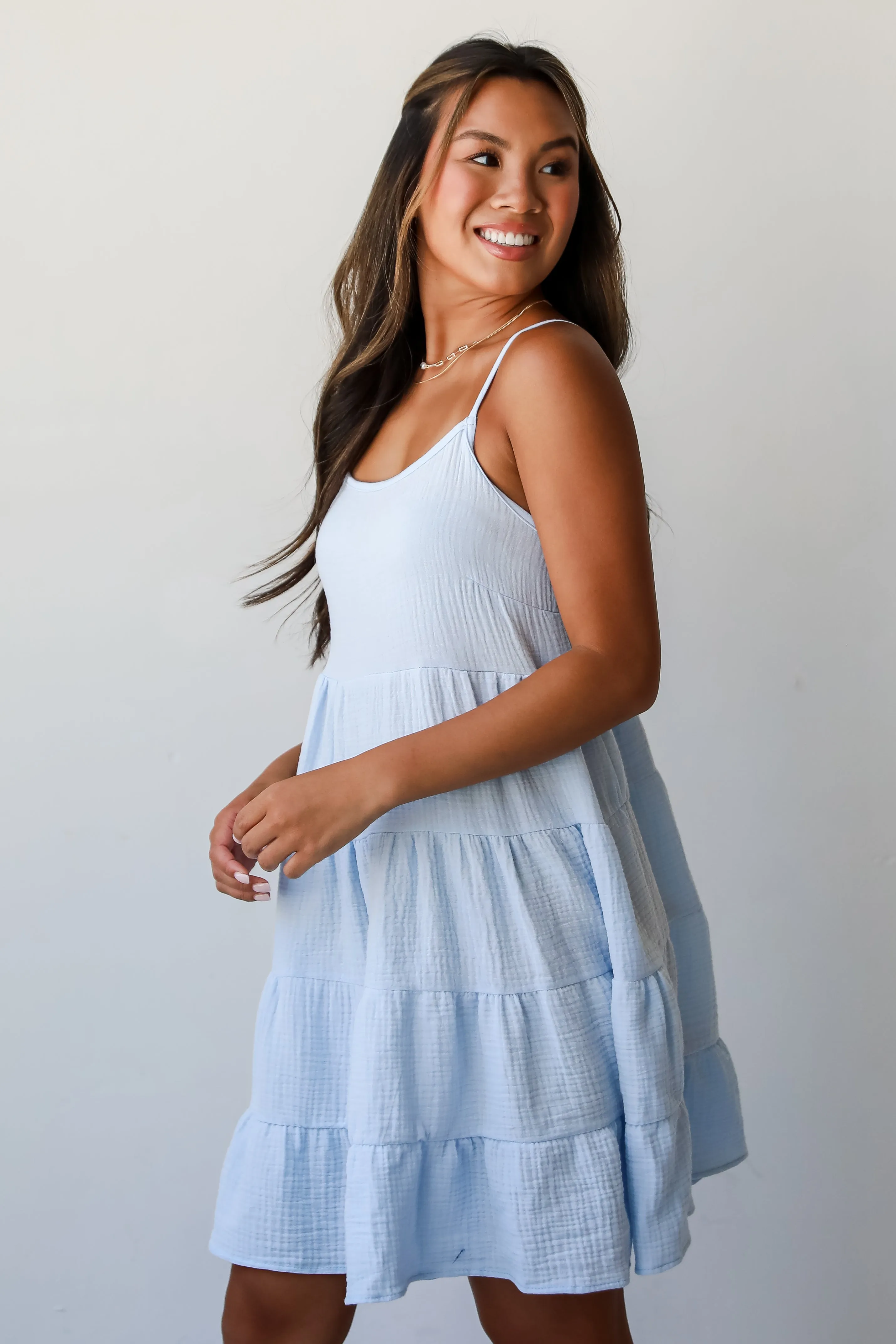 FINAL SALE - Sweetest Impact Light Blue Linen Tiered Mini Dress