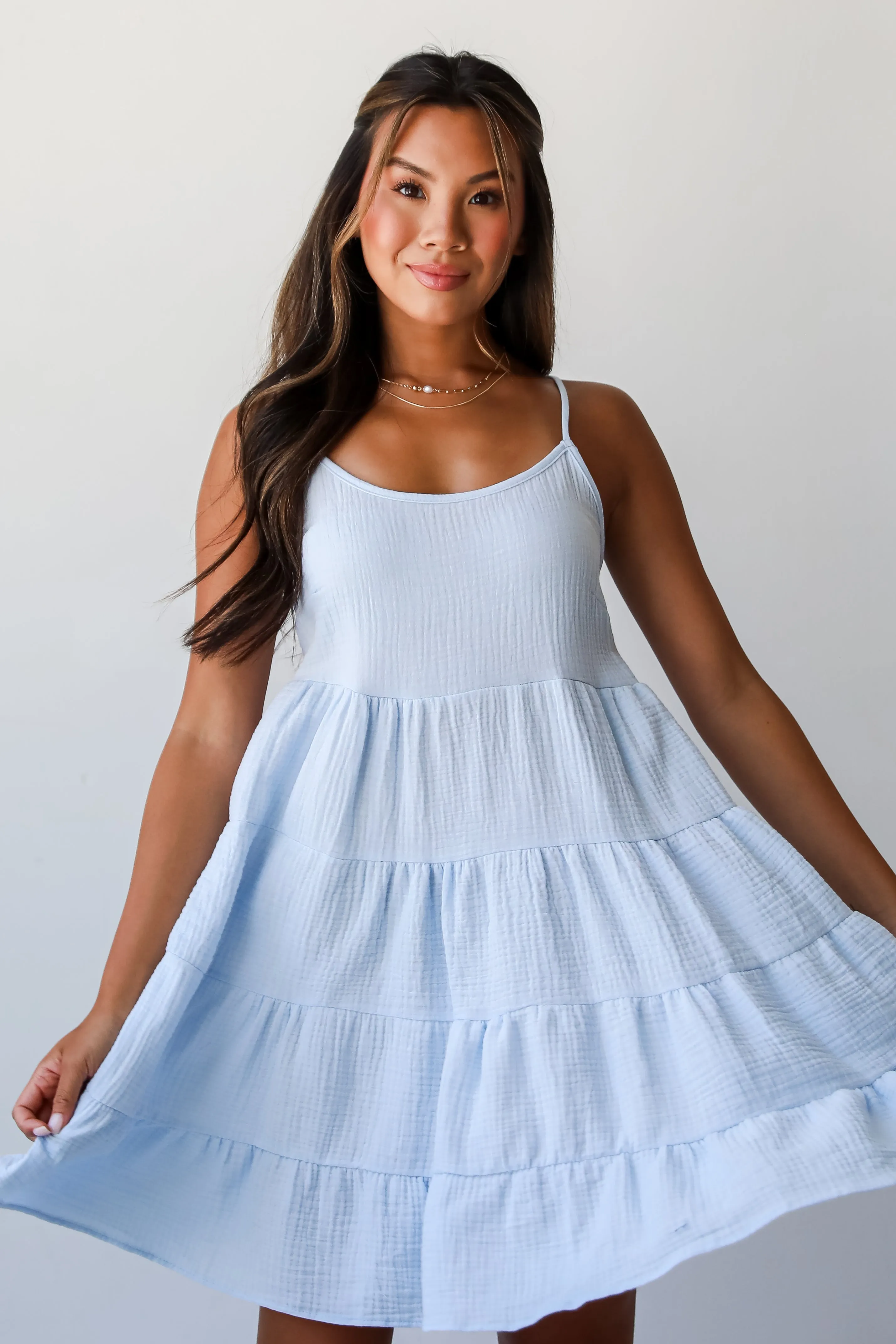 FINAL SALE - Sweetest Impact Light Blue Linen Tiered Mini Dress