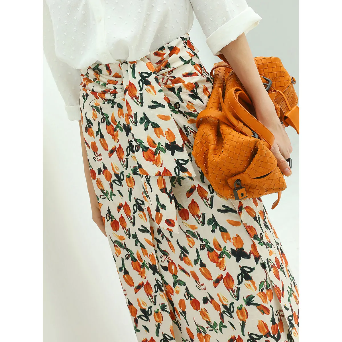 Floral Tie Twist Wrap Skirt Orange