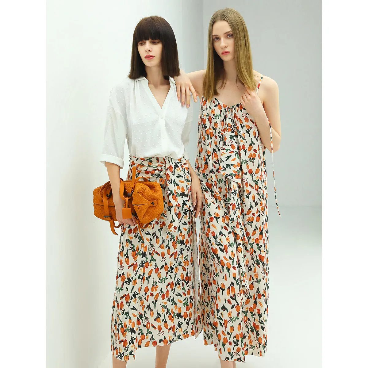 Floral Tie Twist Wrap Skirt Orange