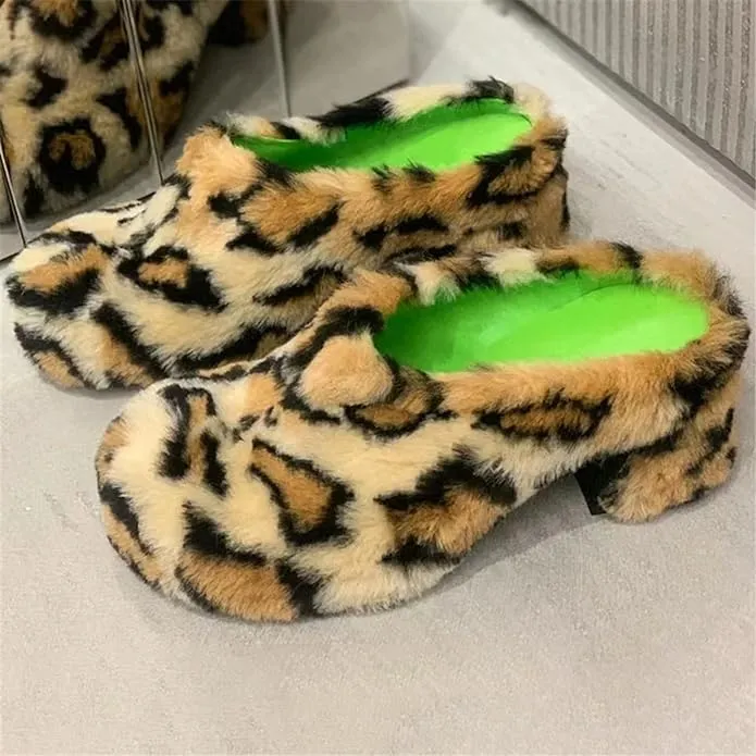 Furry Leopard Heeled Slides For Women With Outdoor Real Rex Rabbit Fur And Thick Heels Leopard Print Fur Slippers Shoes