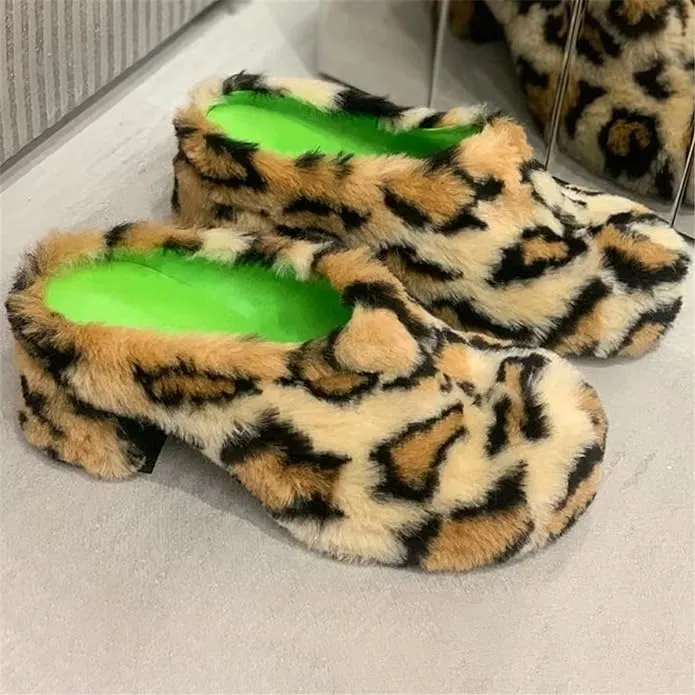 Furry Leopard Heeled Slides For Women With Outdoor Real Rex Rabbit Fur And Thick Heels Leopard Print Fur Slippers Shoes