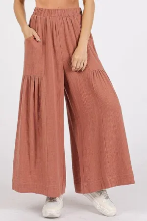 Hazel Blues® |  Mittoshop Gauze Elastic Waist Pleated Wide Leg Pants