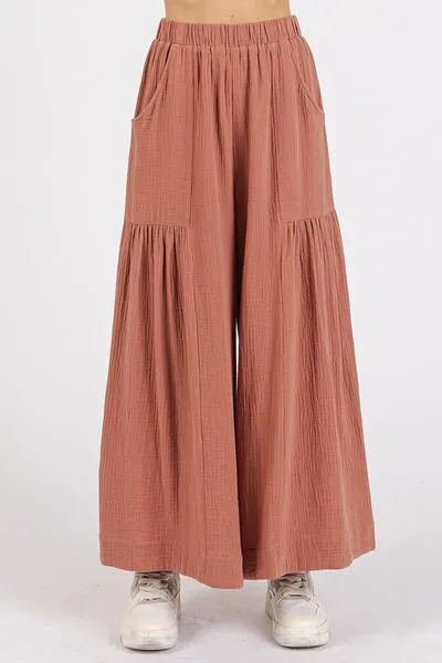 Hazel Blues® |  Mittoshop Gauze Elastic Waist Pleated Wide Leg Pants