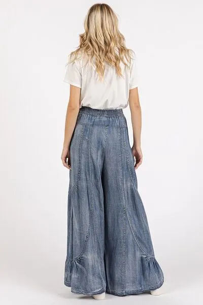 Hazel Blues® |  Mittoshop Washed Chambray Tier Detail Wide Leg Pants