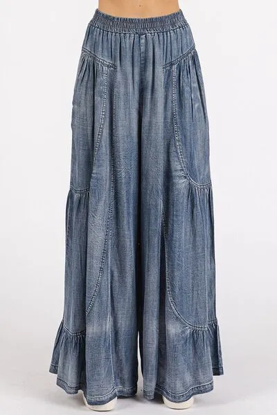 Hazel Blues® |  Mittoshop Washed Chambray Tier Detail Wide Leg Pants