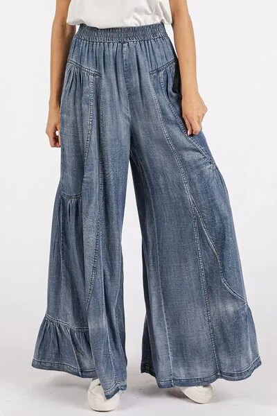 Hazel Blues® |  Mittoshop Washed Chambray Tier Detail Wide Leg Pants