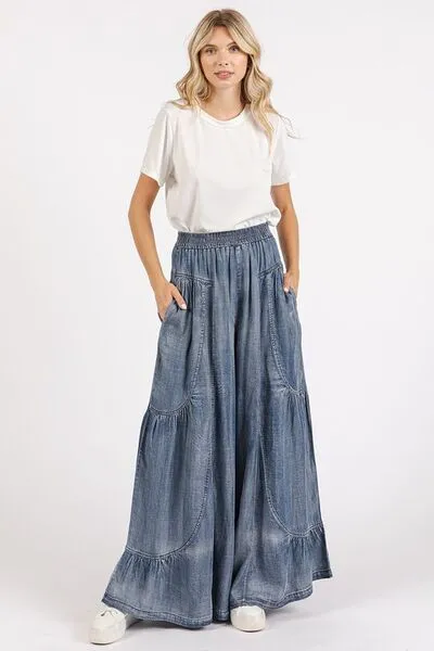 Hazel Blues® |  Mittoshop Washed Chambray Tier Detail Wide Leg Pants