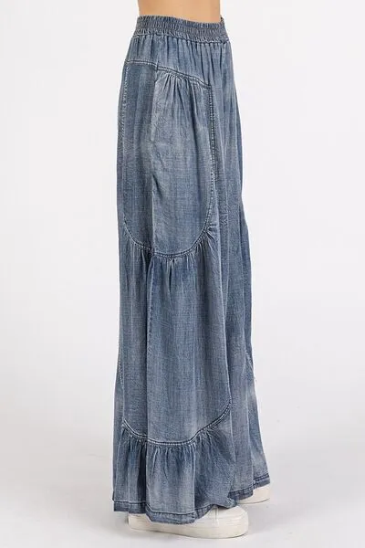 Hazel Blues® |  Mittoshop Washed Chambray Tier Detail Wide Leg Pants