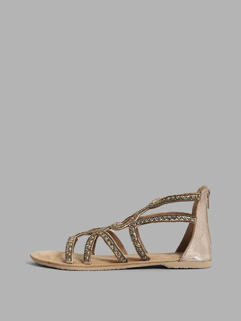 LUNA BLU Beige Embellished Gladiator