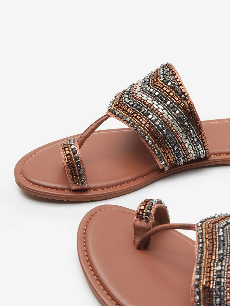 LUNA BLU Tan Embellished Kolhapuri Sandals