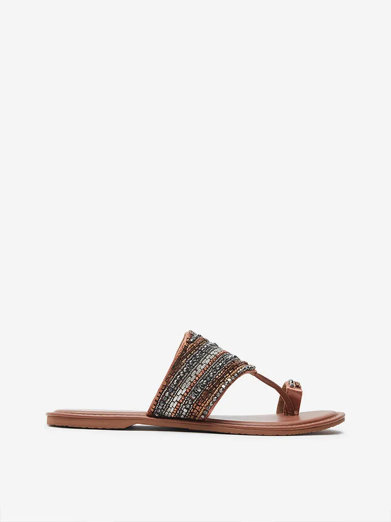 LUNA BLU Tan Embellished Kolhapuri Sandals