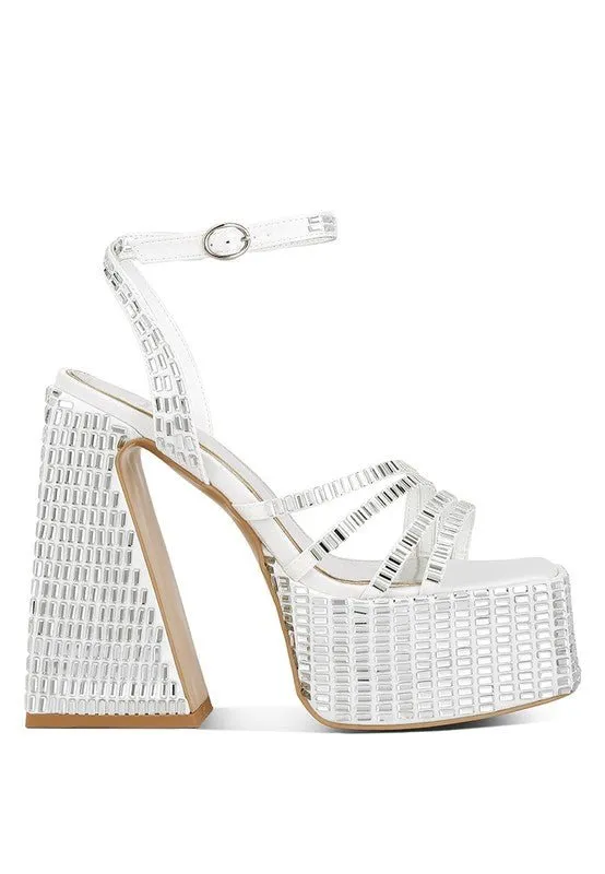 Lustrous Mirror Embellished Flare Heel Sandals