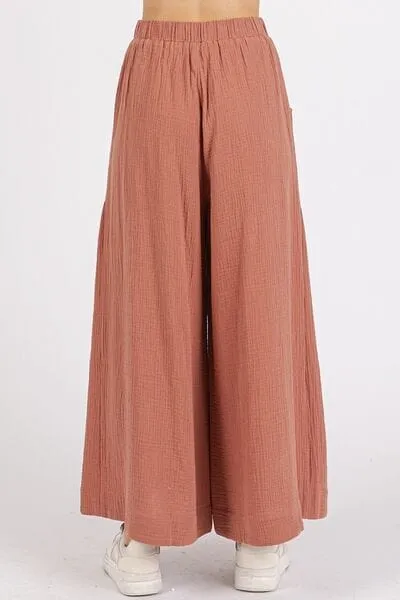 Mittoshop Gauze Elastic Waist Pleated Wide Leg Pants