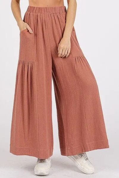 Mittoshop Gauze Elastic Waist Pleated Wide Leg Pants