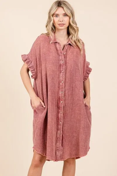 Mittoshop Rust Mineral Wash Cotton Gauze Mini Shirt Dress