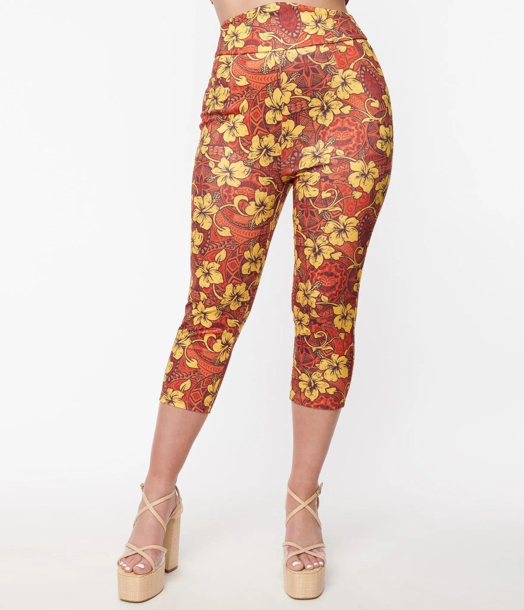 Orange & Yellow Tropical Floral Mimosa Capris