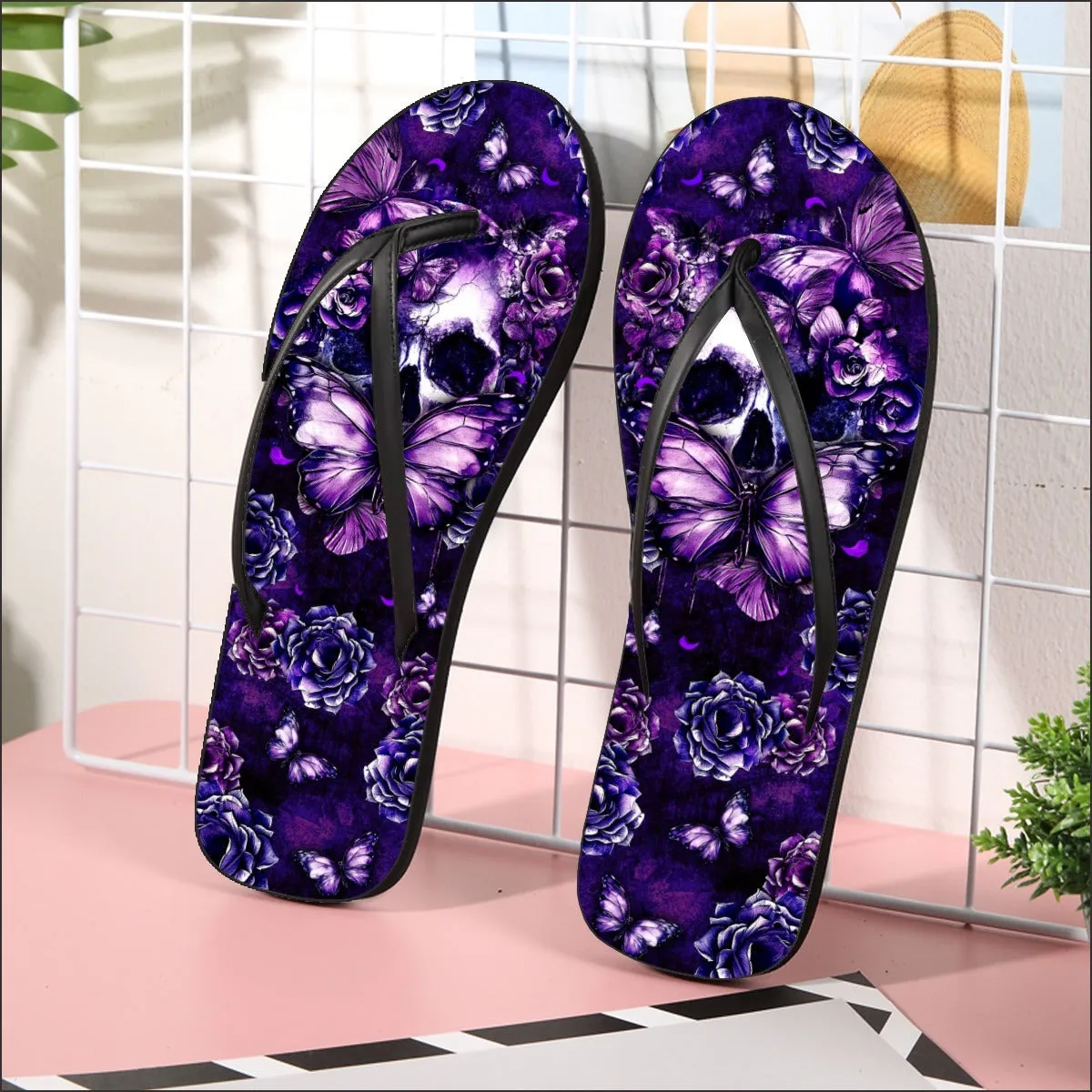 Purple Skull Butterfly Flip Flops for Women Beach