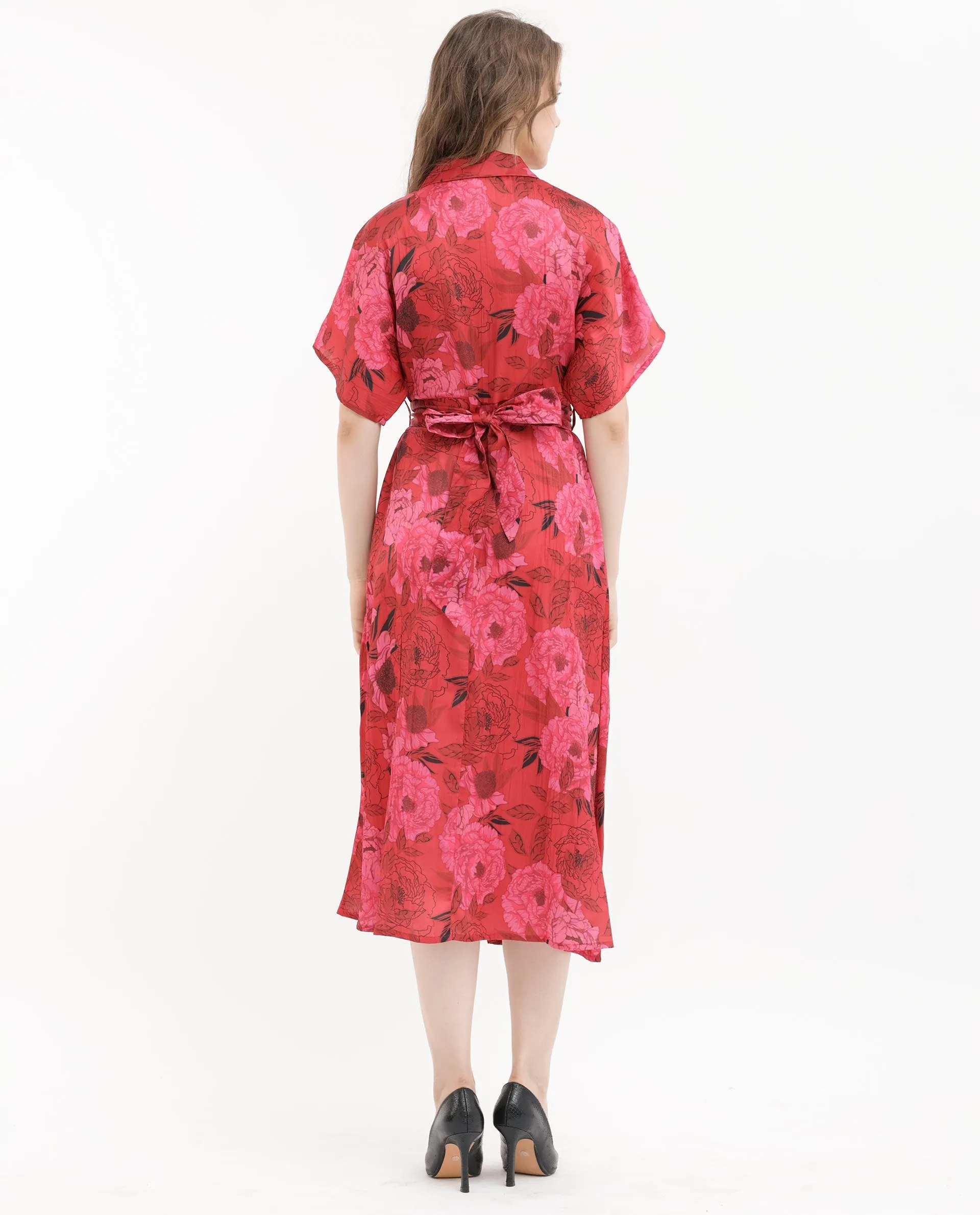 Rareism Women Felik Red Polyester Fabric Short Sleeves Button Closure Lapel Neck Extended Sleeve Relaxed Fit Floral Print Midi Dress