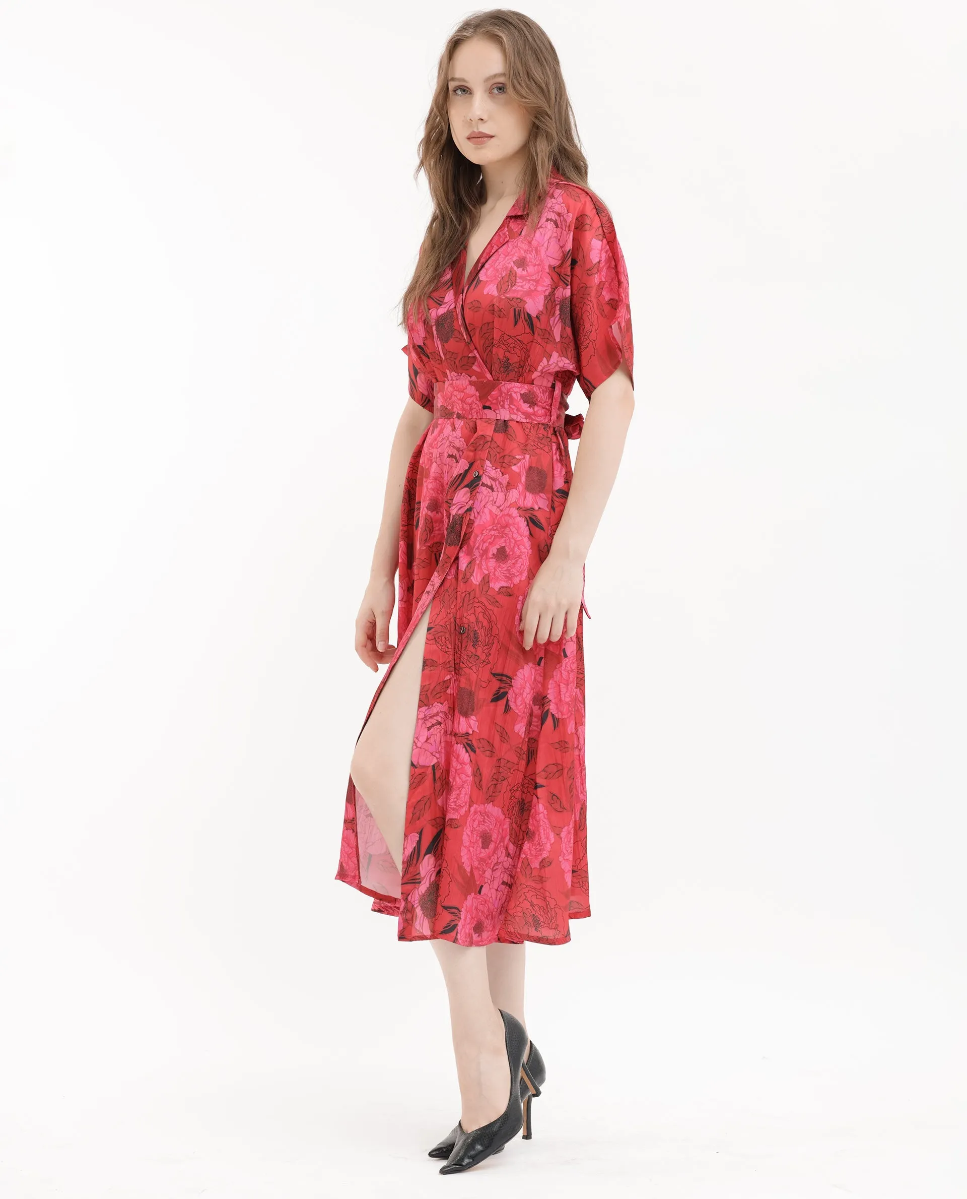 Rareism Women Felik Red Polyester Fabric Short Sleeves Button Closure Lapel Neck Extended Sleeve Relaxed Fit Floral Print Midi Dress