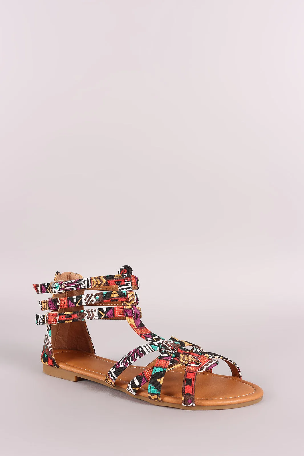 Tribal Print Buckled Gladiator Flat Sandal