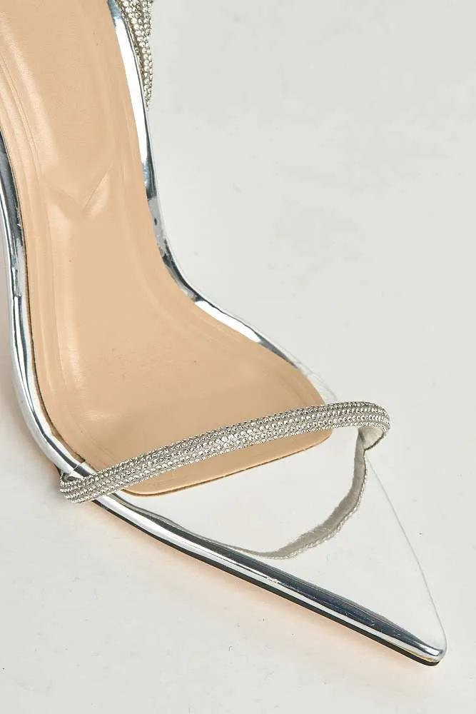 Vela Pointy Toe 3 Diamante Strap Heeled Sandals in Silver