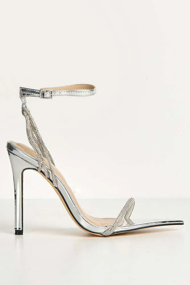 Vela Pointy Toe 3 Diamante Strap Heeled Sandals in Silver