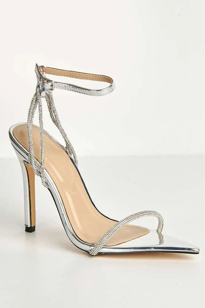 Vela Pointy Toe 3 Diamante Strap Heeled Sandals in Silver