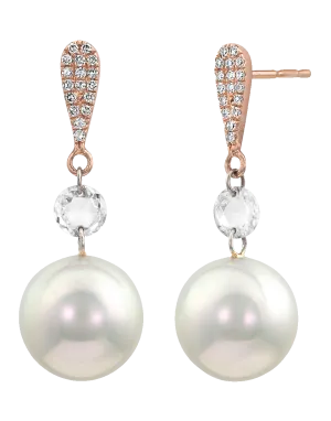 White Pearl and Rosecut Diamond Drop Earrings