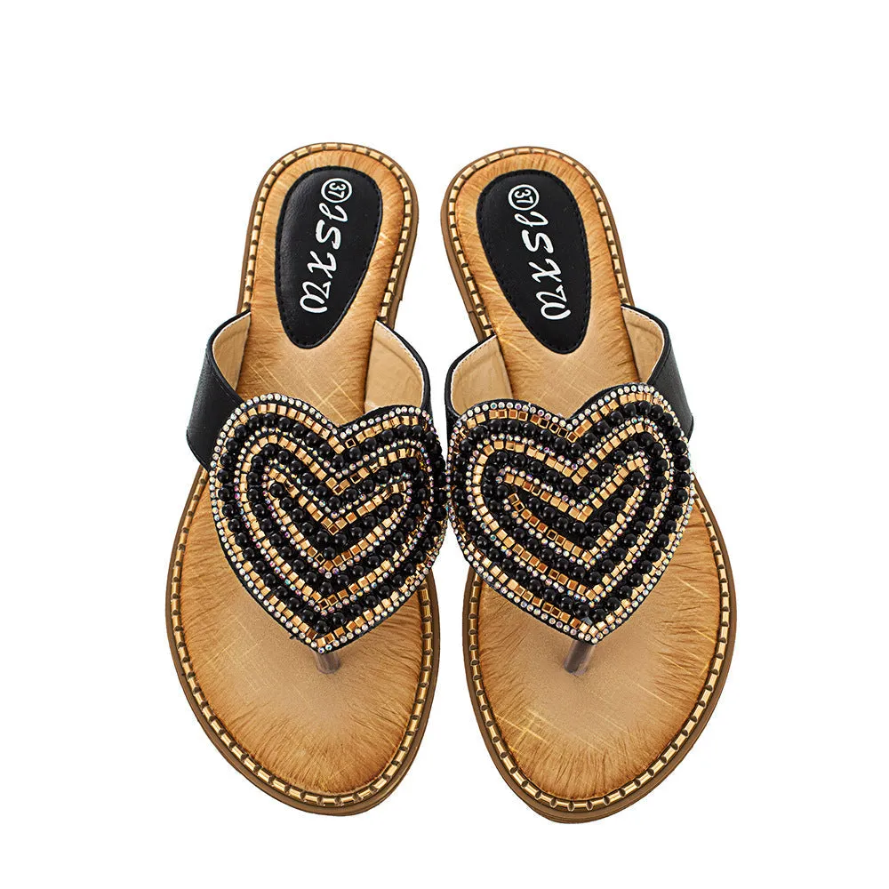 Women rhinestone heart strap holiday travel beach flip flops