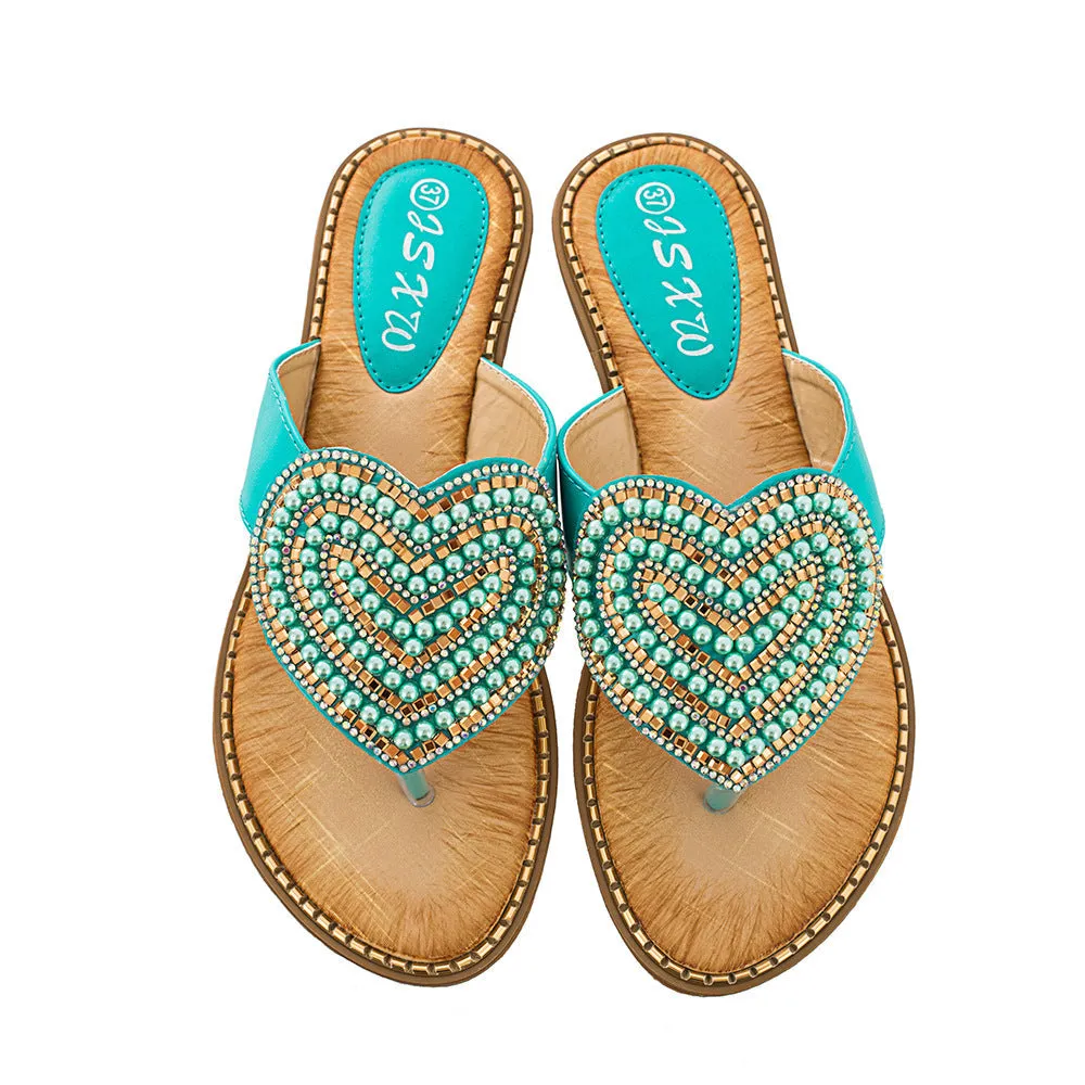 Women rhinestone heart strap holiday travel beach flip flops