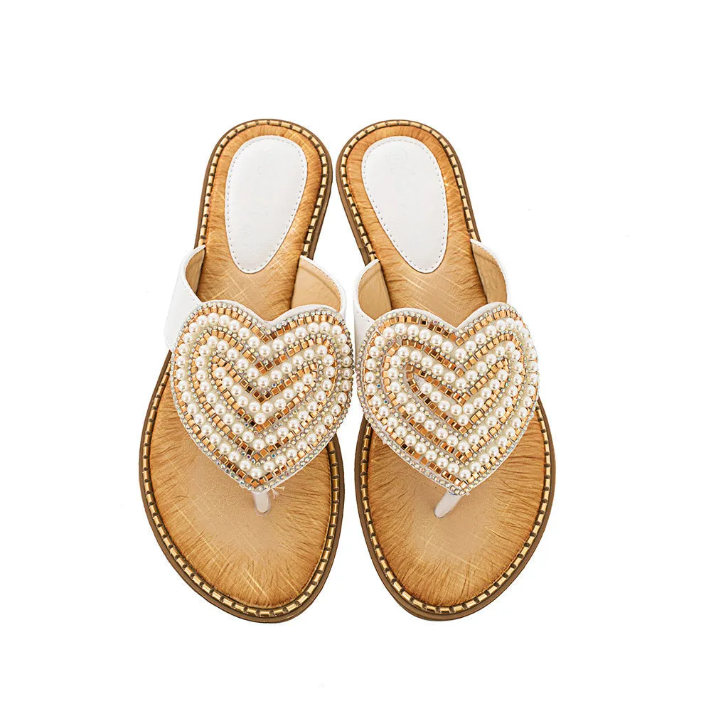 Women rhinestone heart strap holiday travel beach flip flops