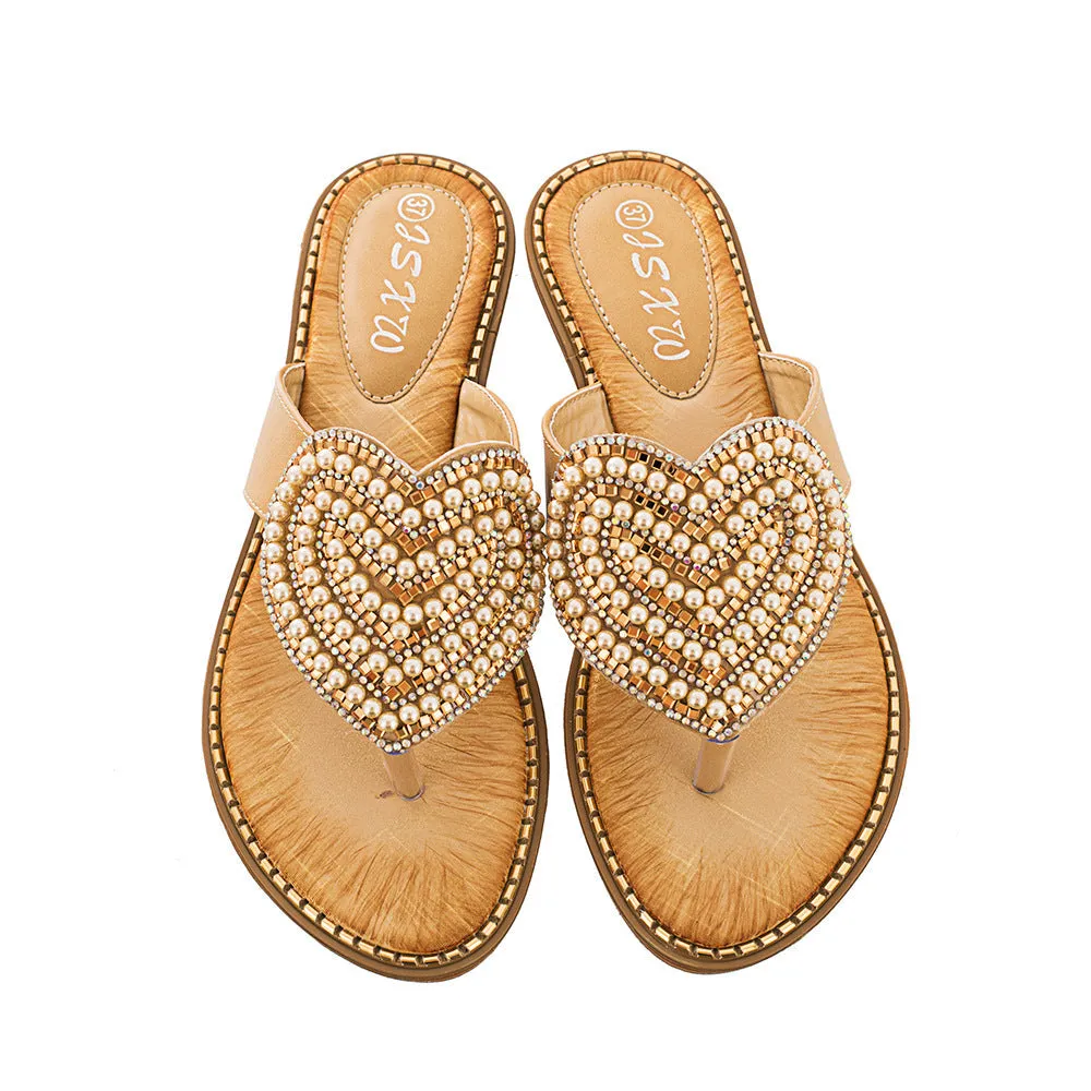 Women rhinestone heart strap holiday travel beach flip flops